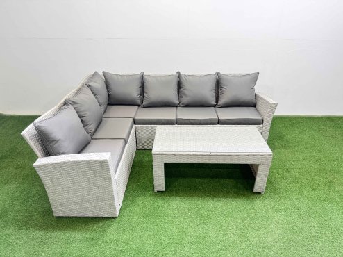Fimous Rattan Garden Furniture Set Outdoor 6 Seater Corner Sofa Sets with Oblong Coffee Table Light Grey Mixed