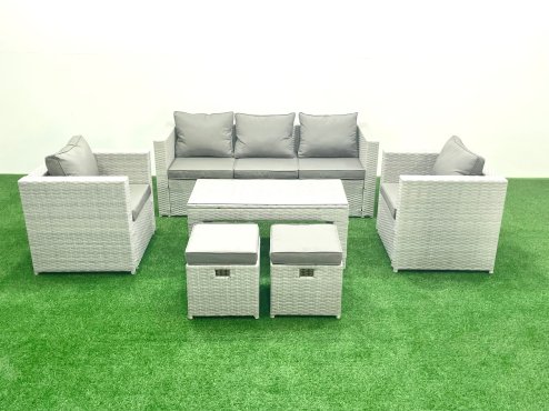 Fimous Rattan Garden Furniture Set 7 Seater Outdoor Garden Sofa Oblong Coffee Table Set with 2 Chairs 2 Stools Light Grey Mixed