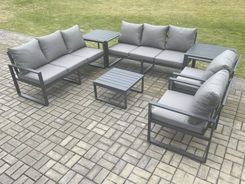 Fimous Aluminium Outdoor Lounge Sofa Set Garden Furniture Sets with Square Coffee Table 2 Chairs 2 Side Tables Dark Grey 8 Seater