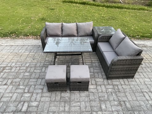 Fimous High Back PE Rattan Sofa Set Outdoor Garden Furniture Dining Table Set Love Sofa 3 Seater Sofa 2 Small Footstool Side Table