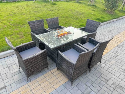 Fimous Rattan Garden Furniture Dining Set 6-seater Patio Rectangular Gas Firepit Table Chairs Outdoor Dark Grey Mixed