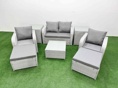 Fimous Light Grey PE Wicker Rattan Garden Furniture Set Sofa Set Reclining Adjustable Chair Square Coffee Table 6 Seater 2 Big Stools 2 Side Table Image