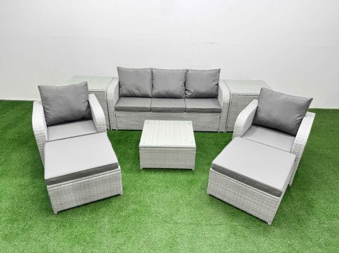 Fimous PE Rattan Garden Furniture Set Reclining Chair Sofa Lounge Sofa Set Square Coffee Table 2 Side Table 2 Big Footstool Light Grey Image