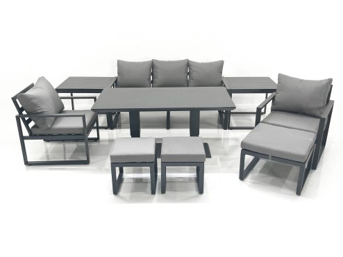 Fimous 8 Seater Aluminium Outdoor Garden Furniture Set with Adjustable Rising Lifting Dining Table 3 Seater Sofa 2 Chair 3 Footstool 2 Side Tables Dark Grey