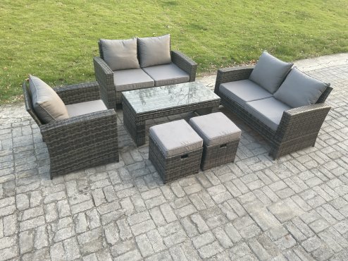 Fimous 7 Seater Rattan Outdoor Garden Furniture Sofa Set with Coffee Table 2 Small Footstool Dark Grey Mixed