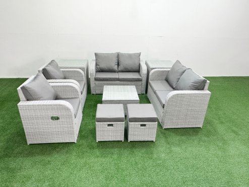 Fimous 8 Seater Outdoor Reclining Chair Love Sofa Set Rattan Garden Furniture Set with Square Coffee Table 2 Stools 2 Side Table Light Grey Image