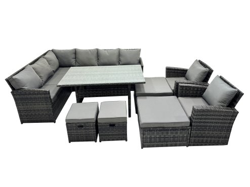 Fimous 12 Seat Poly Rattan Outdoor Patio Dining Table Corner Sofa Set with 4 Stool 2 Chairs for Garden Backyard Dark Grey Mixed