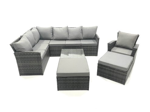 Fimous 9 Seater Outdoor Garden Furniture Set Wicker PE Rattan Corner Sofa Set with Square Coffee Table 2 Big Footstool Dark Grey Mixed