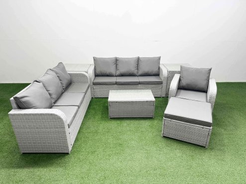 Fimous 8 Seater Poly Rattan Outdoor Garden Furniture Sofa Set Patio 3 Seater Sofa Reclining Chair 3 Seater Sofa Big Footstool 2 Side Table Light Grey