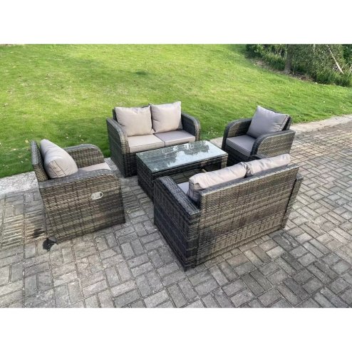 Fimous 6 Seater Dark Grey PE Wicker Rattan Garden Furniture Set Reclining Chair 2 Seater Love Sofa Set Outdoor Rectangular Coffee Table