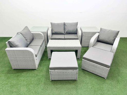 Fimous High Back Poly Rattan Garden Furniture Set with Reclining Chair Loveseat Sofa Oblong Coffee Table Indoor Outdoor Patio Set 2 Big Stool 2 Side Table Light Grey
