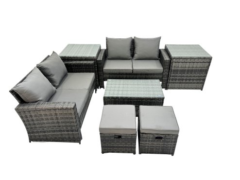 Fimous PE Rattan Garden Furniture Set Lounge Double Seat Sofa Coffee Table Set with 2 Small Stools Dark Grey MixedMixed