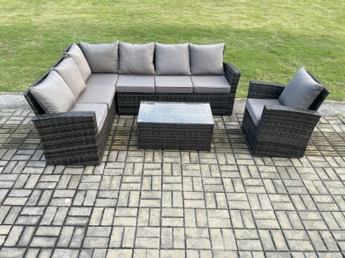 Fimous 7 Seater Rattan Garden Furniture Corner Sofa Set Outdoor Patio Sofa Chair Table Set with Rectangular Coffee Table Dark Grey Mixed