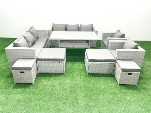 Fimous Rattan Garden Furniture Dining Set 12 Seater Lounge Sofa Chair Dining Table Set with 4 Footstools Light Grey Mixed