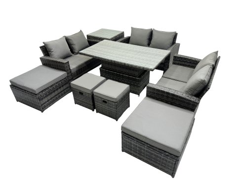 Fimous Outdoor Love Sofa Set 10 Seat Rattan Garden Furniture Set with Adjustable Lifting Dining or Coffee Table Side Table Dark Grey Mixed