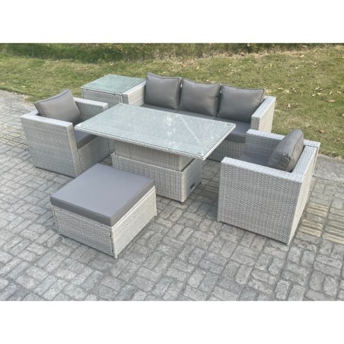 Fimous Rattan Garden Funiture Set Adjustable Rising Lifting Table Sofa Dining Set With 2 Arm Chair Side Table Big Footstool