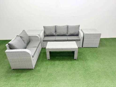 Fimous 5 Seater PE Rattan Wicker Garden Furniture Patio Conservatory Sofa Set with Oblong Coffee Table 3 Seater Sofa Love Sofa 2 Side Table