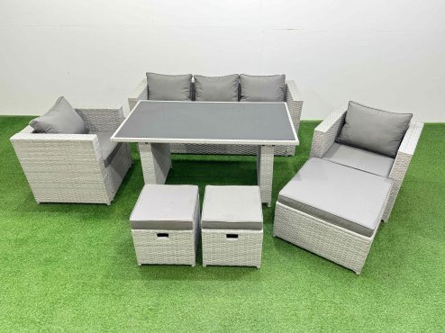 Fimous Patio Garden Furniture Sets with Black Glass Top Dining Table Armchair 3 Seater Sofa 3 Stool Light Grey