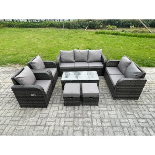 Fimous Patio Garden Furniture Sets Wicker 9 Seater Outdoor Rattan Furniture Sofa Sets with Rectangular Coffee Table Reclining Chair Love seat Sofa 2 Small Footstools