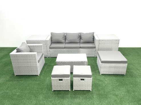 Fimous 8 Pieces Rattan Garden Furniture Set Outdoor Garden Sofa Chair Coffee Table Set with 2 Side Tables 3 Footstools Light Grey Mixed