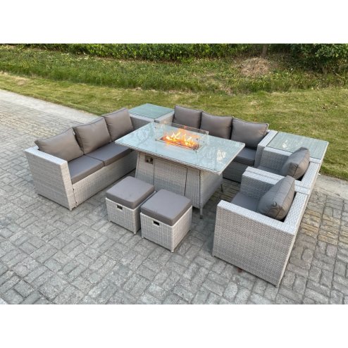 Fimous Light Grey Rattan Fire Pit Garden Furniture Set Gas Heater Burner Lounge Sofa Dining Set 2 Coffee Table Chairs Stools