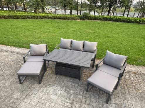 Fimous 8-Piece Aluminium Garden Furniture Sets 7 Seater Outdoor Sofa Set with Adjustable Rising Lifting Dining Table 2 Chairs 2 Small Footstools 2 Side Tables