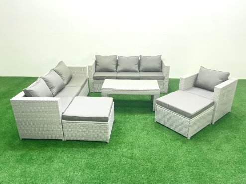 Fimous Wicker PE Rattan Sofa Garden Furniture Set with Oblong Coffee Table Armchair 2 Big Footstools Light Grey Mixed Image