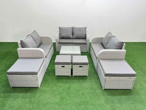 Fimous Outdoor Garden Furniture Set PE Rattan Love Sofa Set with Coffee Table 4 Footstools Light Grey