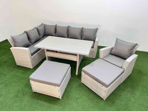 Fimous 9 Seater Rattan Garden Furniture Set Outdoor Patio Dining Corner Sofa Sets with Dining Table Chair 2 Big Footstools Light Grey Mixed
