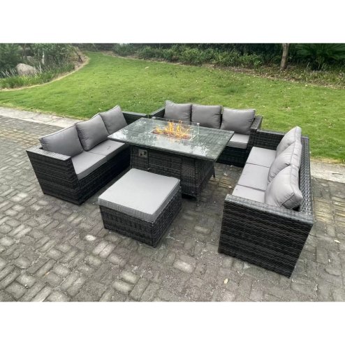 Fimous Rattan Garden Furniture Sofa Set Outdoor Patio Gas Fire Pit Dining Table Gas Heater Burner With Big Footstool 10 Seater Dark Grey Mixed