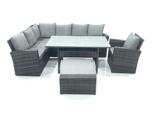 Fimous 8 Seater Garden Rattan Furniture Corner Dining Set with Big Footstool Indoor Outdoor Lounge Sofa Set Dark Grey Mixed