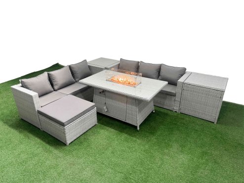 Fimous 7 Seat PE Rattan Lounge Sofa Set Outdoor Garden Furniture Set with Firepit Dining Table 3 Seater Sofa Big Stool 2 Side Tables Light Grey