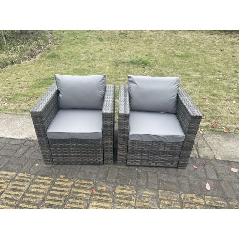Fimous 2 PC Outdoor Rattan Arm Sofa Chair Garden Furniture With Seat and Back Cushion Dark Grey Mixed