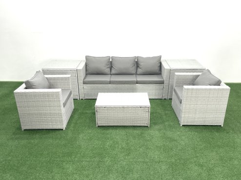 Fimous Rattan Garden Furniture Set with 3 Seater Sofa 2 Chair Rectangular Coffee Table 2 Side Tables Light Grey Mixed 5 Seater