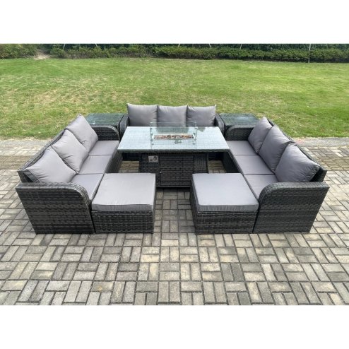 Fimous Outdoor Rattan Furniture Garden Dining Set Gas Fire Pit Table With 2 Side Tables Lounge Sofa 2 Big Footstool