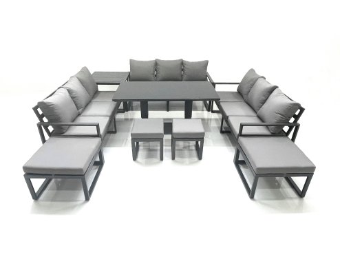Fimous 13 Seater Garden Sofa Set Aluminium Furniture Rising Dining Tabe Set with Side Table 4 Footstools Dark Grey