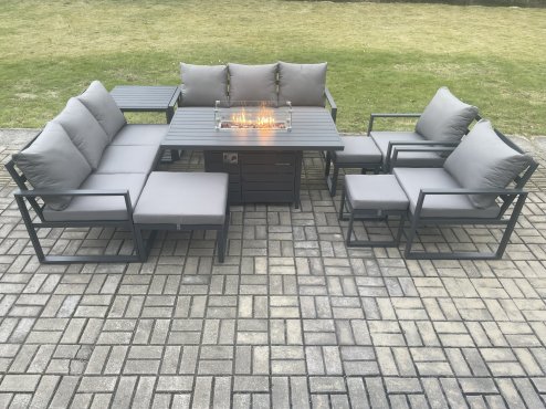 Fimous Aluminium Outdoor Garden Furniture Set Patio Lounge Sofa Gas Fire Pit Dining Table Set with 3 Footstools Side Table Dark Grey