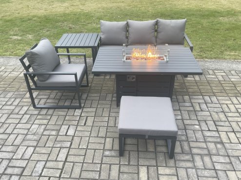 Fimous Aluminium 5 Pieces Garden Furniture Sofa Set with Cushions Gas Fire Pit Dining Table Set with Side Table Big Footstool Dark Grey