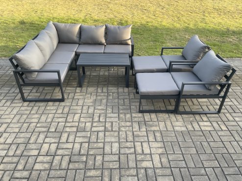 Fimous 9 Seater Aluminium Outdoor Garden Furniture Set Patio Lounge Sofa with Oblong Coffee Table 2 Big Footstools Dark Grey