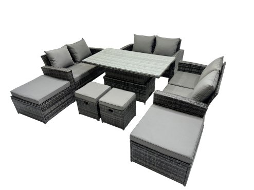 Fimous Outdoor Love Sofa Set 10 Seat Rattan Garden Furniture Set with Adjustable Lifting Dining or Coffee Table Dark Grey Mixed