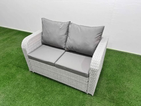 Fimous Patio PE Wicker 6 Seater Outdoor Rattan Furniture Sofa Sets with Adjustable Lifting Dining or Coffee Table Reclining Chair Loveseat Sofa 3 Seater Sofa Side Table Light Grey