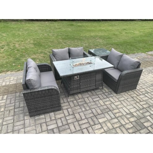 Fimous Rattan Outdoor Garden Furniture Sofa Set Gas Fire Pit Dining Table Gas Heater with Side Table Love Sofa Dark Grey Mixed