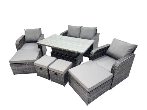 Fimous 8-seater Patio Height Adjustable Rising Lifting Table Sofa Sets Rattan Garden Furniture Dining Set with 4 Footstool Dark Grey Mixed