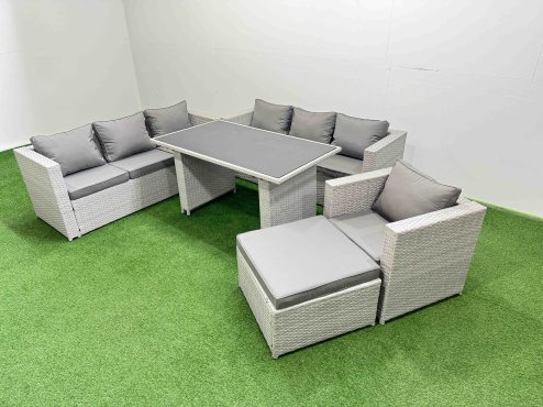 Fimous Patio Garden Furniture Sets with Black Glass Top Dining Table 3 Seater Sofa Armchair Big Stool Light Grey