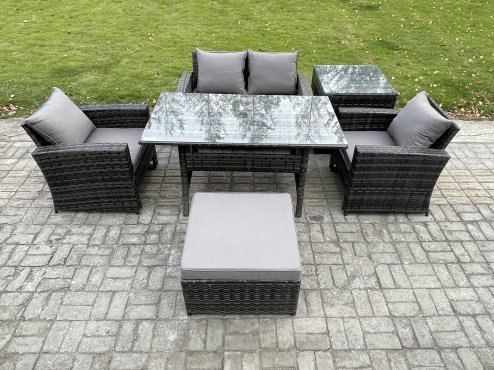 Fimous PE Wicker Outdoor Garden Furniture Set Patio Furniture Rattan Rectangular Dining Table Lounge Sofa with Big Footstool Side Table