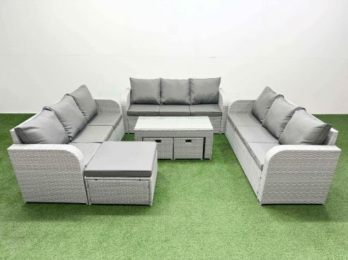 Fimous PE Rattan Lounge Sofa Set 12 Seater Outdoor Garden Furniture Set with Oblong Coffee Table 3 Seater Sofa 3 Stools Light Grey