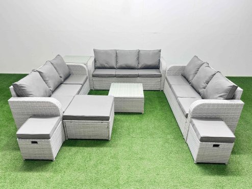 Fimous PE Rattan Lounge Sofa Set 12 Seater Outdoor Garden Furniture Set with Square Coffee Table 3 Seater Sofa 3 Stools Side Table Light Grey