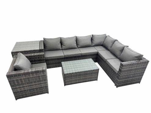 Fimous Outdoor Sofa Oblong Coffee Table Set Rattan Garden Furniture Set with Chair Side Table Dark Grey Mixed