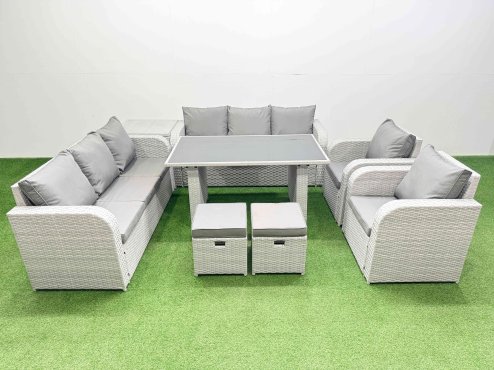Fimous 10 Seater Wicker PE Rattan Furniture Outdoor Dining Table 3 Seater Sofa Reclining Chair Set with Side Table 2 Small Stools Light Grey