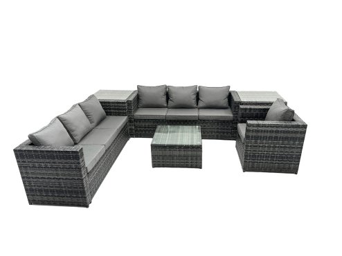 Fimous Outdoor Rattan Garden Furniture Set 7 Seater Patio Lounge Sofa Set with Armchair Square Coffee Table Side Table Dark Grey Mixed